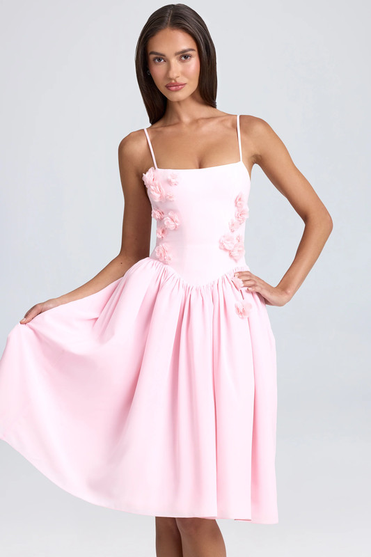 Floral-Appliqué Midi Dress in Blush - UK Size:10